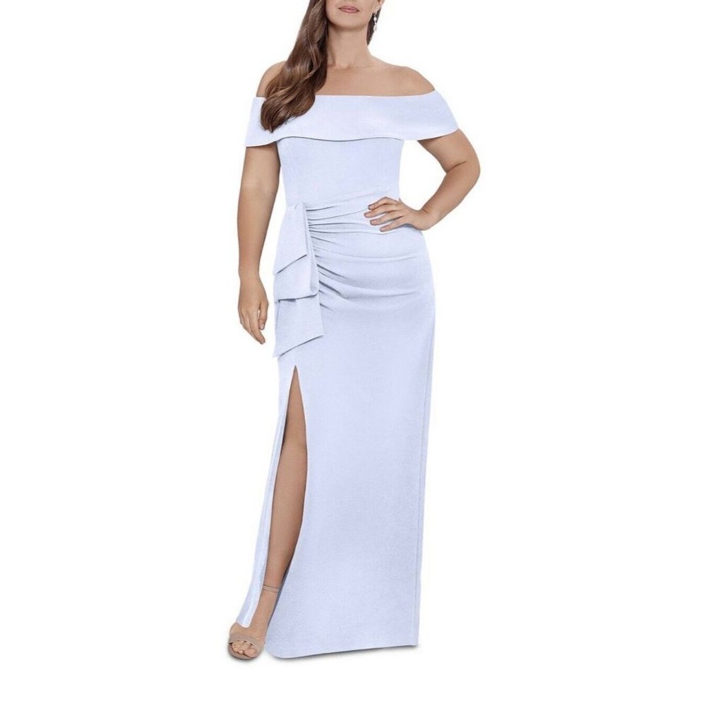 XSCAPE Women’s Dress Sky Blue Off-The-Shoulder Maxi Gown Plus Size 18W NEW